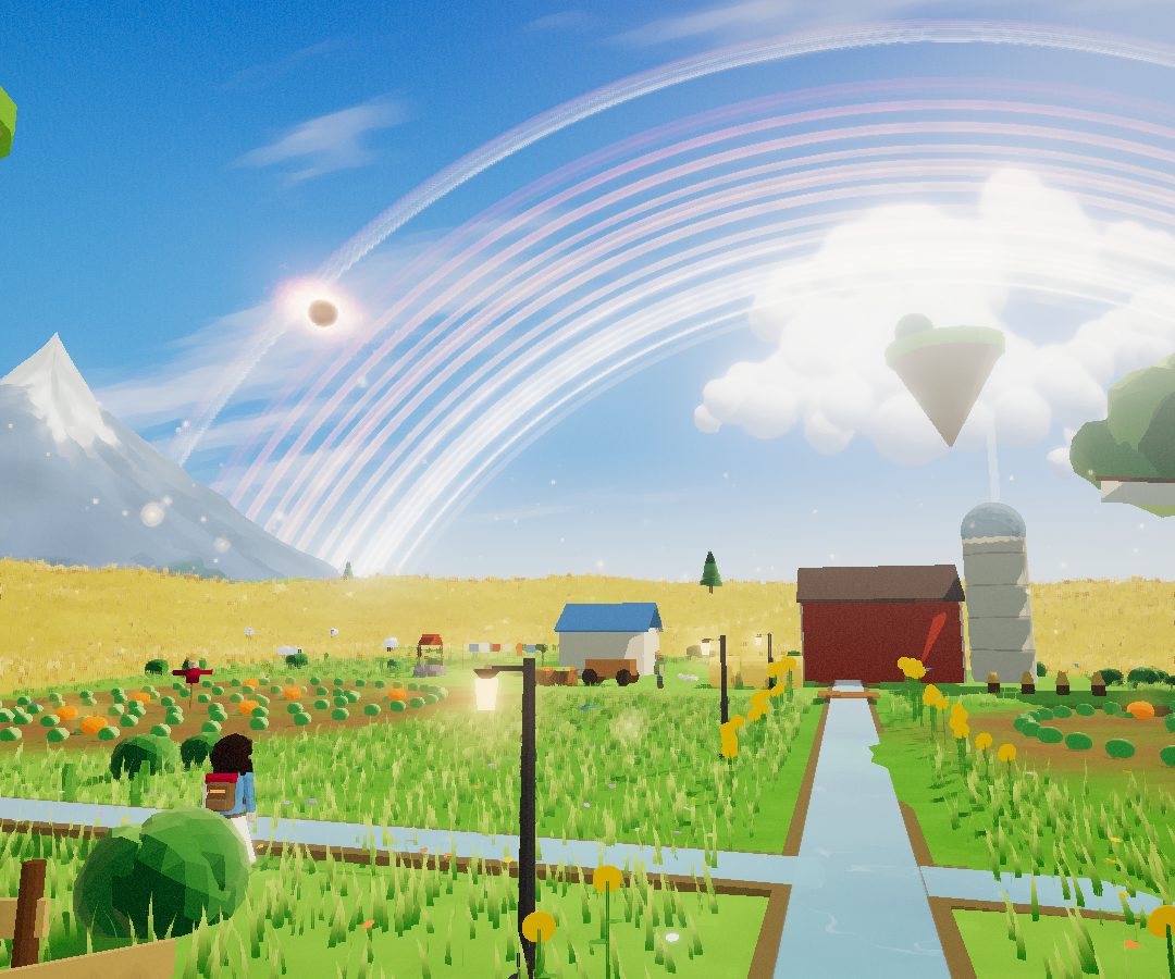 Farm World: golden fields and a red barn beneath a gigantic glowing ring arching across a blue sky