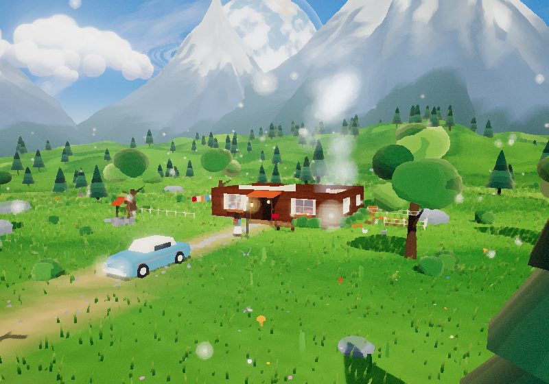 The explorer's small wooden home in a green meadow below snow-capped mountains, with the blue family car parked on the path