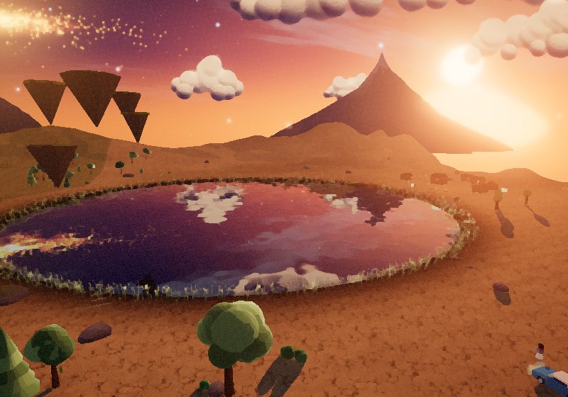 Hunger World: a mirror-still lake reflecting a sunset sky, surrounded by cracked earth and floating rocks