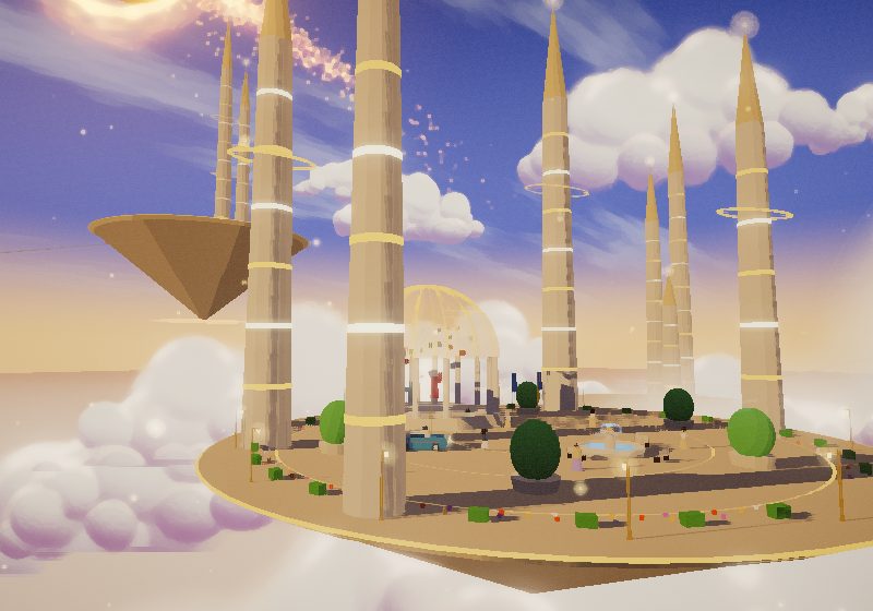 Knowledge World: white and gold towers on a floating platform above a sea of clouds at golden hour