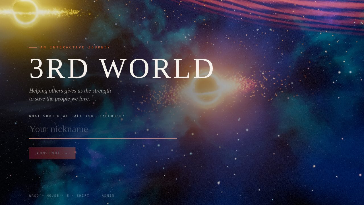 The 3rd World title screen: the game name and a nickname field over a deep-space nebula and a glowing black hole
